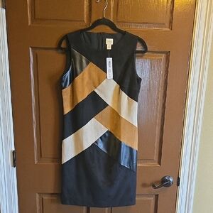 Chico's-Blk,tan, beige faux suede,faux leather patched dress Sz 0=S NWT.